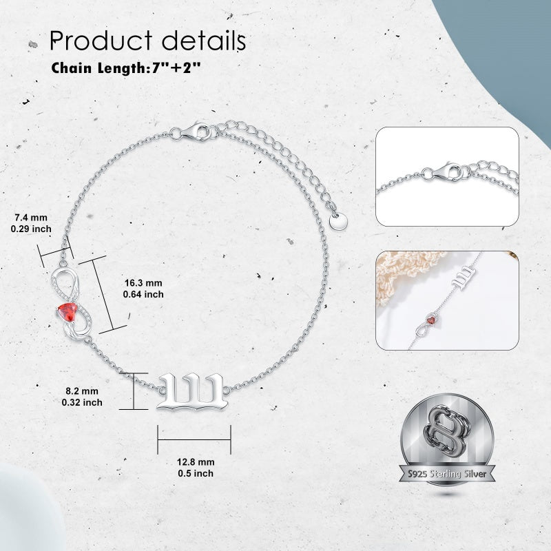 Sterling Silver Infinity Angel Number 111 333 444  777 Bracelet Gifts for Christmas Birthday