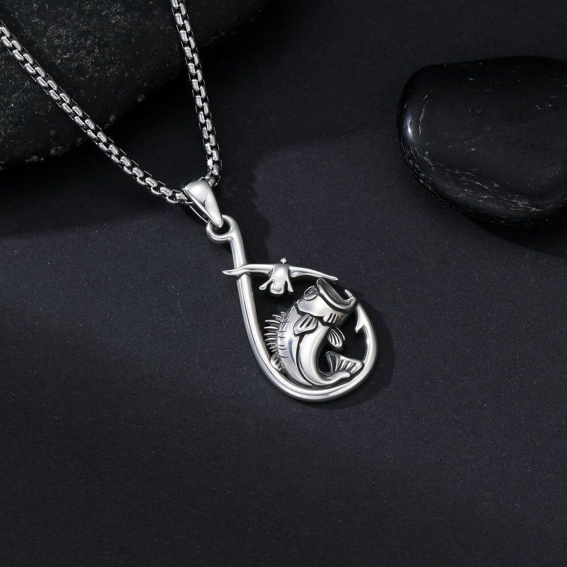 Sterling Silver Deer Bass Fish Wild Duck Fish Hook Pendant Necklace Hunting Jewelry Gifts for Men