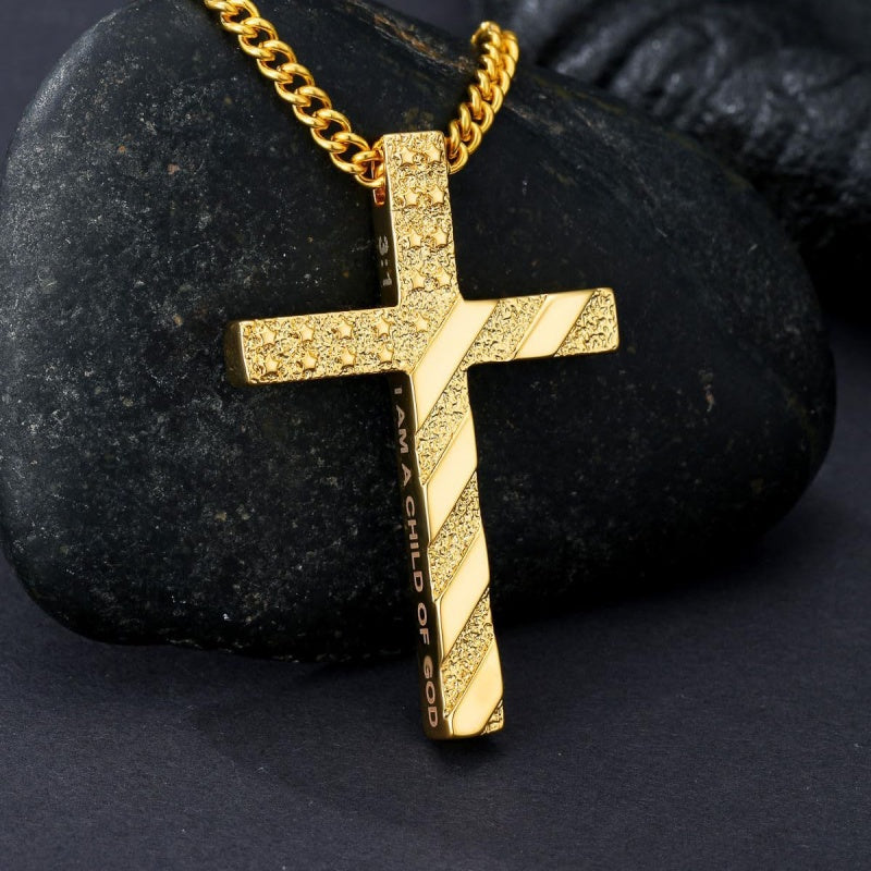 Bible Verse 14K Gold Plated American Flag Cross Necklace for Men