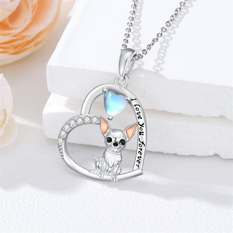 Sterling Silver Moonstone Pug Chihuahua Poodle German Shepherd Maltese Pendant Necklace Engraved wth I Love You Forever