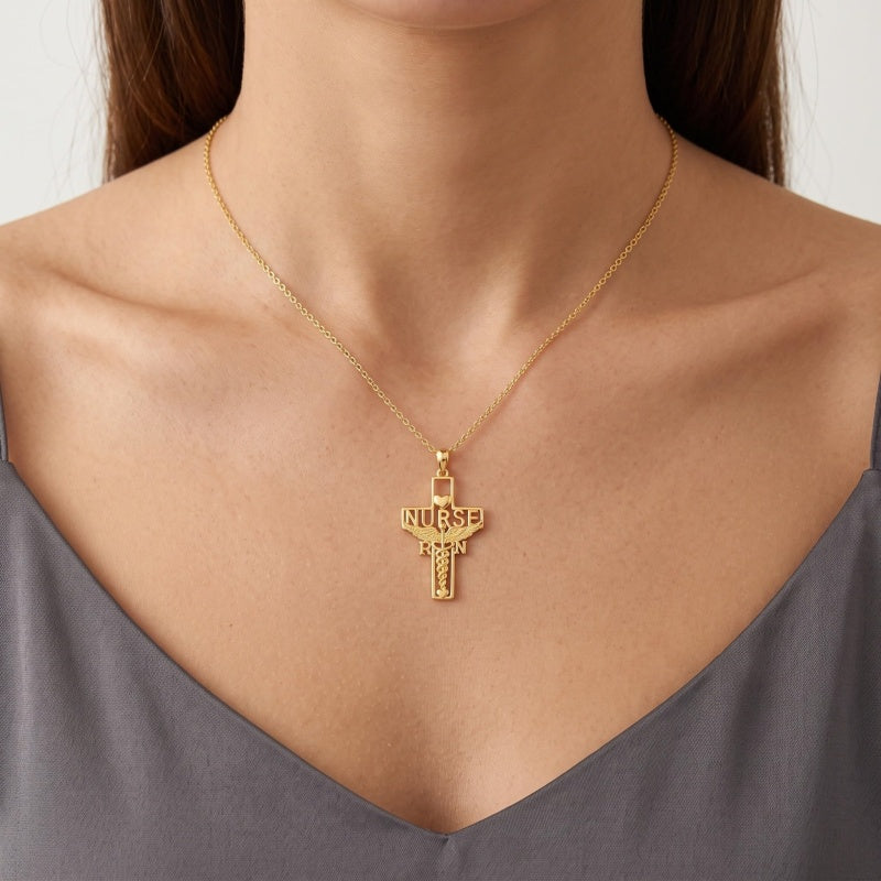 14K Gold Plated Stethoscope Caduceus Cross Pendant Necklace for Women