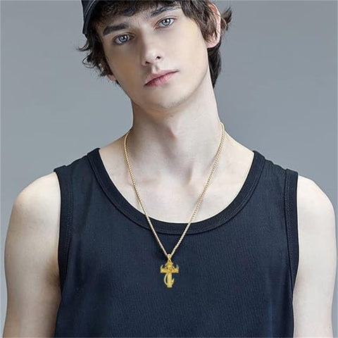 Sterling Silver Fish Hook Cross Pendant Necklace for Men