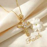 14K Gold Plated  Cubic Zirconia  Filigree Pendant Rose Cross Necklace