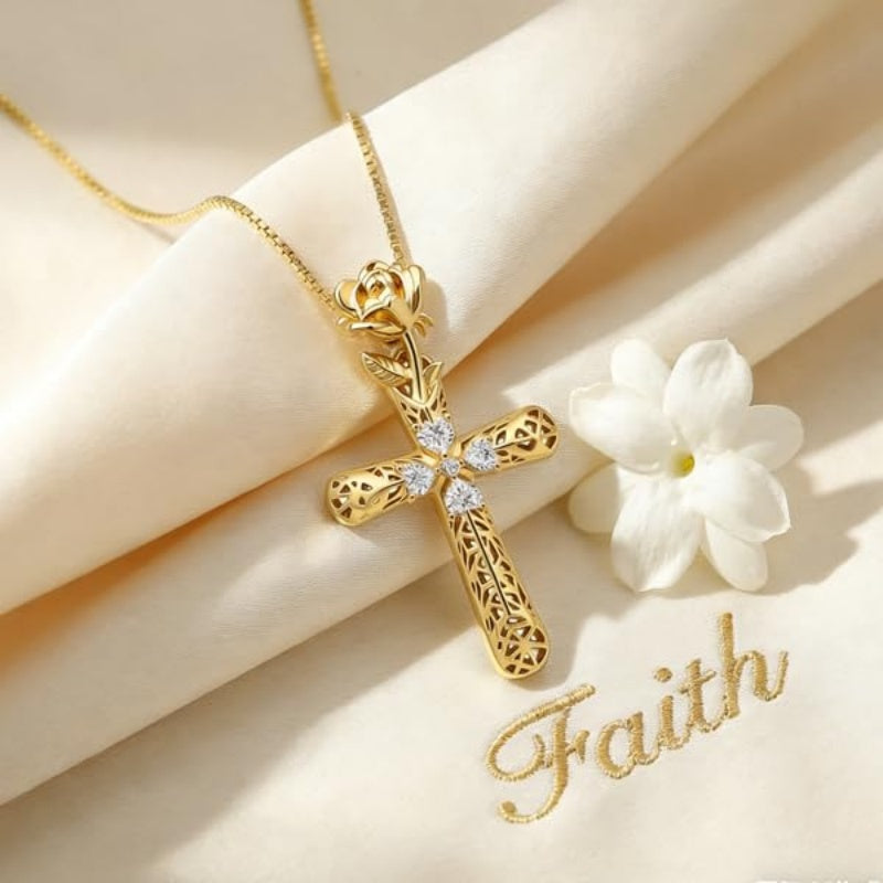 14K Gold Plated  Cubic Zirconia  Filigree Pendant Rose Cross Necklace