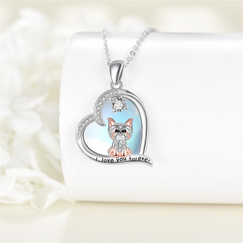 Sterling Silver  Heart Moonstone Yorkie Dog Pendant Engraved I Love You Forever