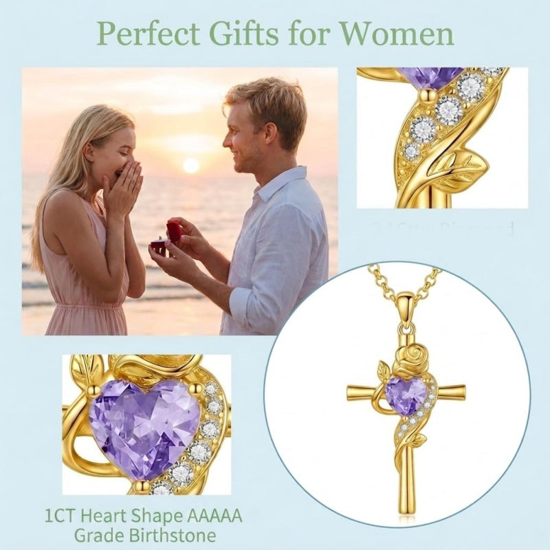14K Gold Plated Birthstone Rose Cross Necklace for Women Faith Jewelry Gift