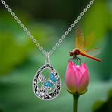 Sterling Silver Turquoise Filigree Lotus Flower Dragonfly Pendant Necklace