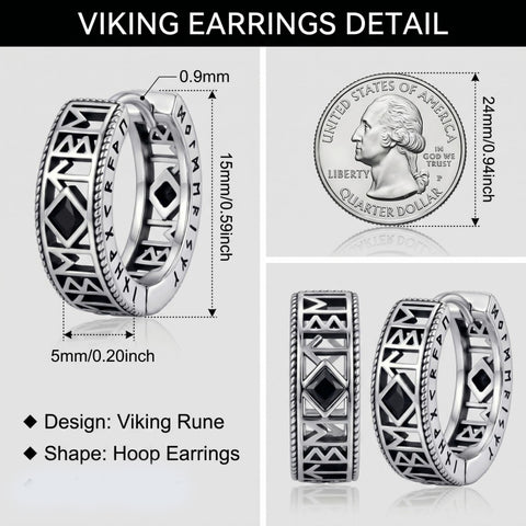 14K Gold Plated  Cubic Zircon Norse Viking Runes Hoop Earrings Viking Jewelry Gift for Men