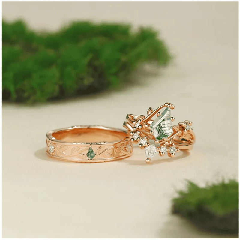 Sterling Silver10K 14K 18K Gold Natural Moss Agate Branch Leafy Engagement Ring Set For Couples
