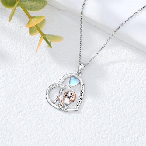 Sterling Silver Moonstone Pug Chihuahua Poodle German Shepherd Maltese Pendant Necklace Engraved wth I Love You Forever