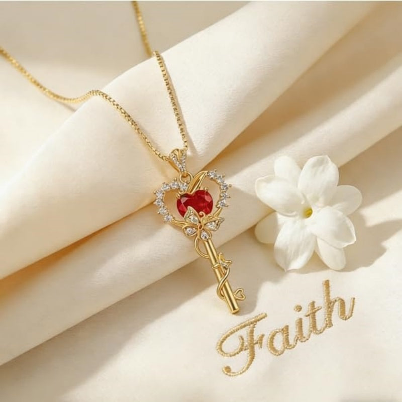 Birthstone Infinity Heart 14K Gold Plated Butterfly Key Pendant Necklace Gift for Her
