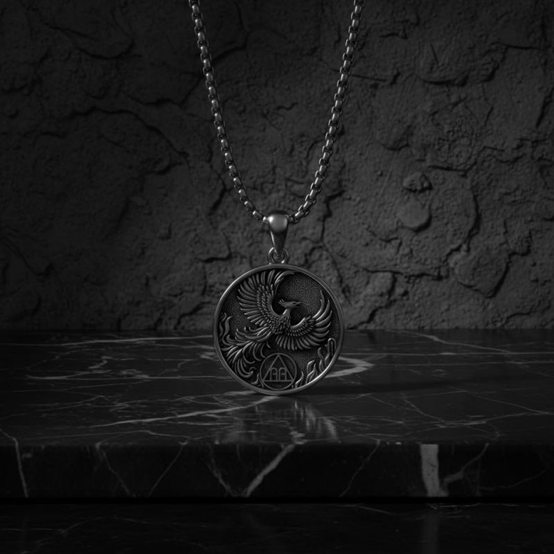 Sterling Silver Phoenix Rising Pendant Necklace NA/AA Sobriety Jewelry