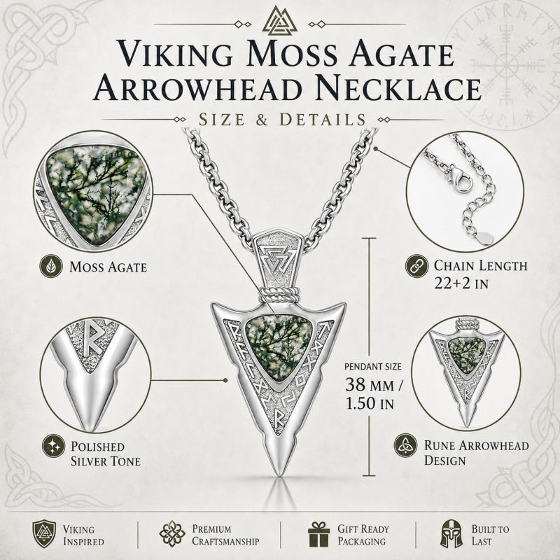 14K Gold Plated Moss Agate Turquoise Valknut Viking Arrow Head Pendant Necklace for Men