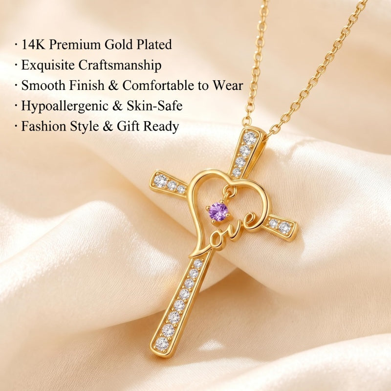 14K Gold Plated  Birthstone  LOVE Heart Cross Necklace for Women Faith Jewelry