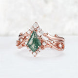 Sterling Silver 10K 14K 18K Gold  Personalized  Engraved Natural Moss Agate Engagement Bridal Wedding Ring Set