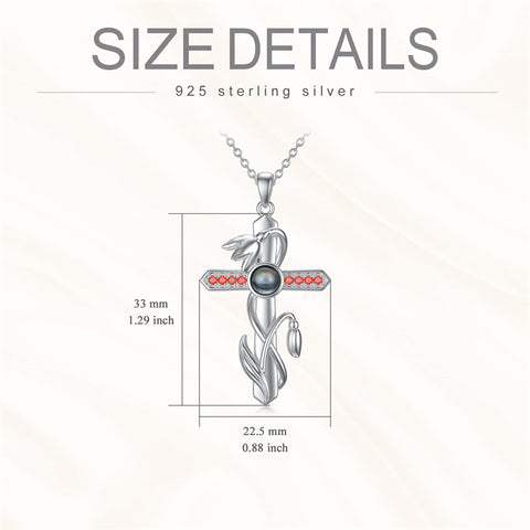 Sterling Silver Cross 100 Languages 12 Month Birthstone Birth Month Flower Pendant Necklace