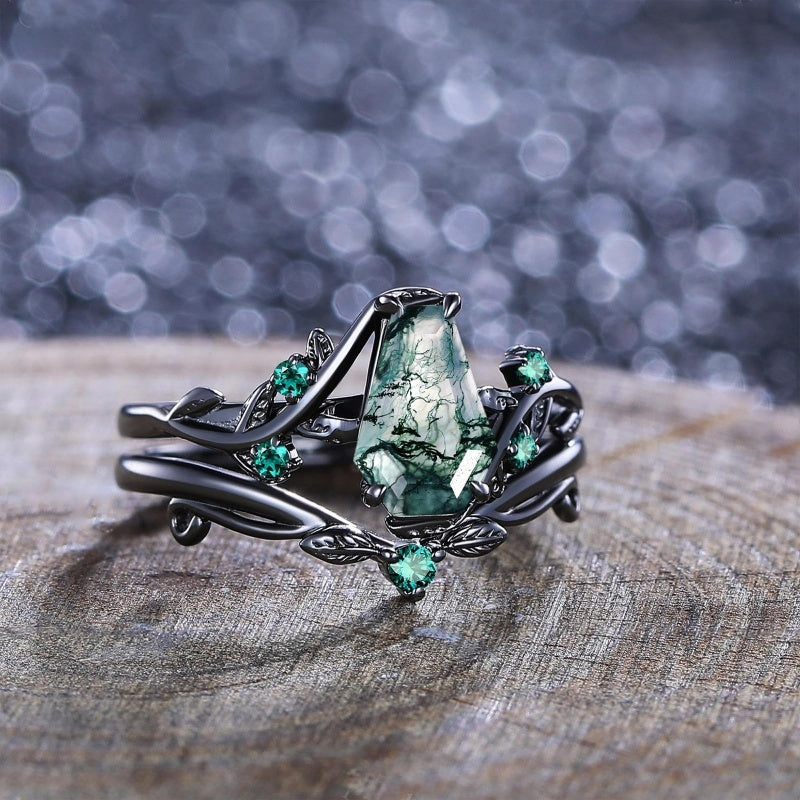 Sterling Silver 2CT Moss Agate  Engagement Wedding Ring Sets for Women