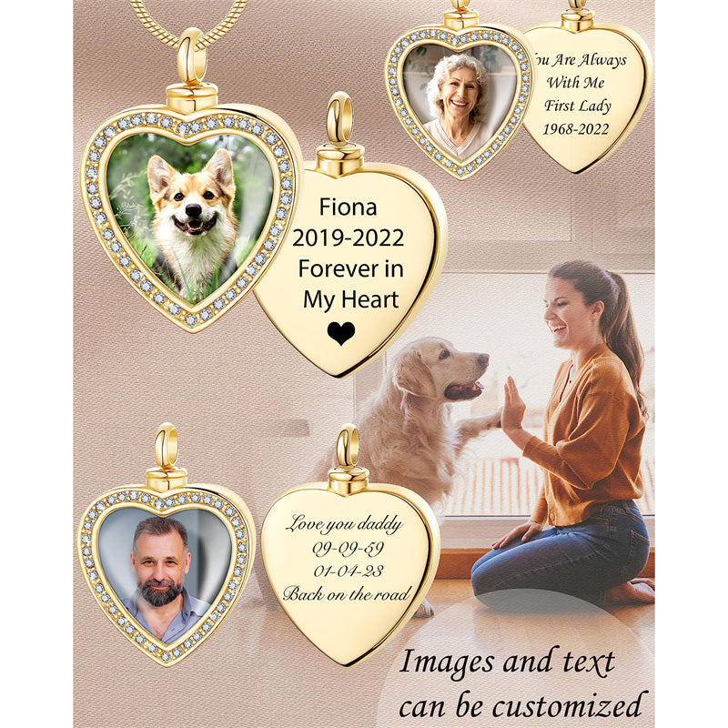 Stainless Steel Personalized Photo Engraved Heart Urn Necklace for Ashes