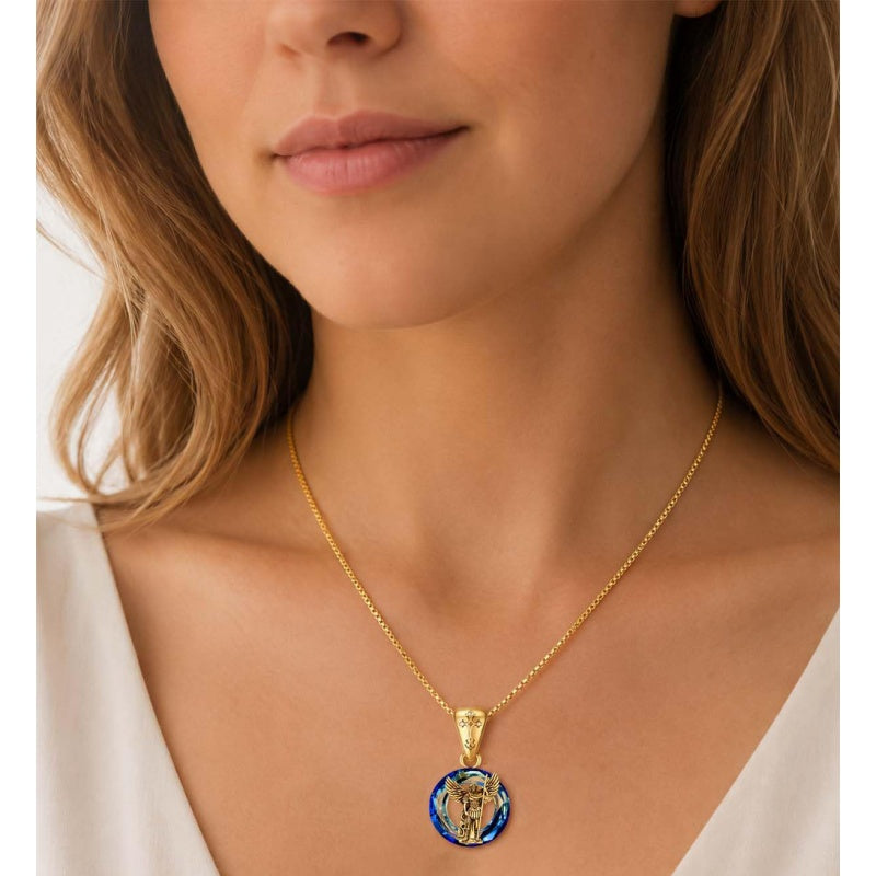 14K Gold Plated Blue Crystal Saint Protection Pendant Necklace Amulet Baptism Gift