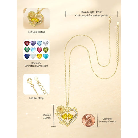 14K Gold  Plated Double Birthstone Heart Sunflower Necklace for Women