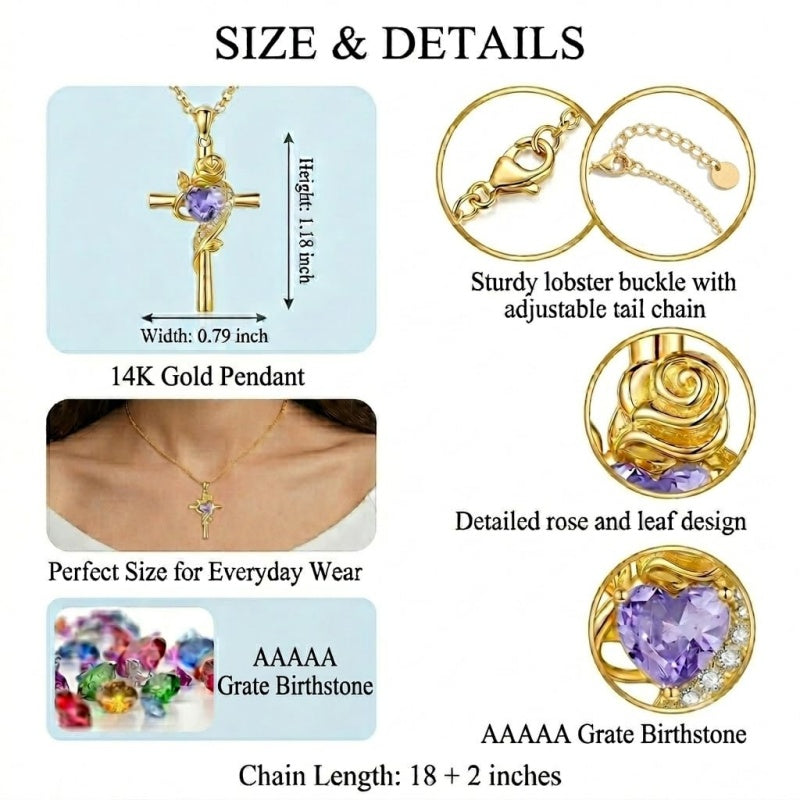 14K Gold Plated Birthstone Rose Cross Necklace for Women Faith Jewelry Gift