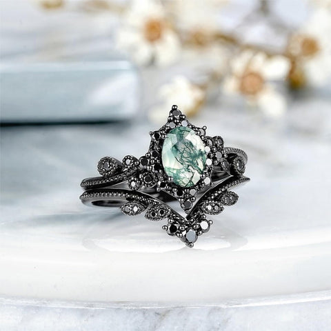 Sterling Silver 2CT Moss Agate  Engagement Wedding Ring Sets for Women