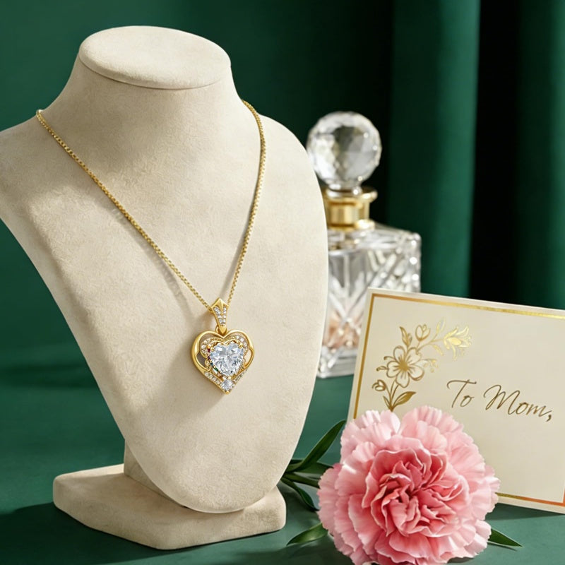 14K Gold Plated Birthstone Double Heart Pendant Necklace Love Jewelry Anniversary Birthday Mother's Day Valentine's Day Gift