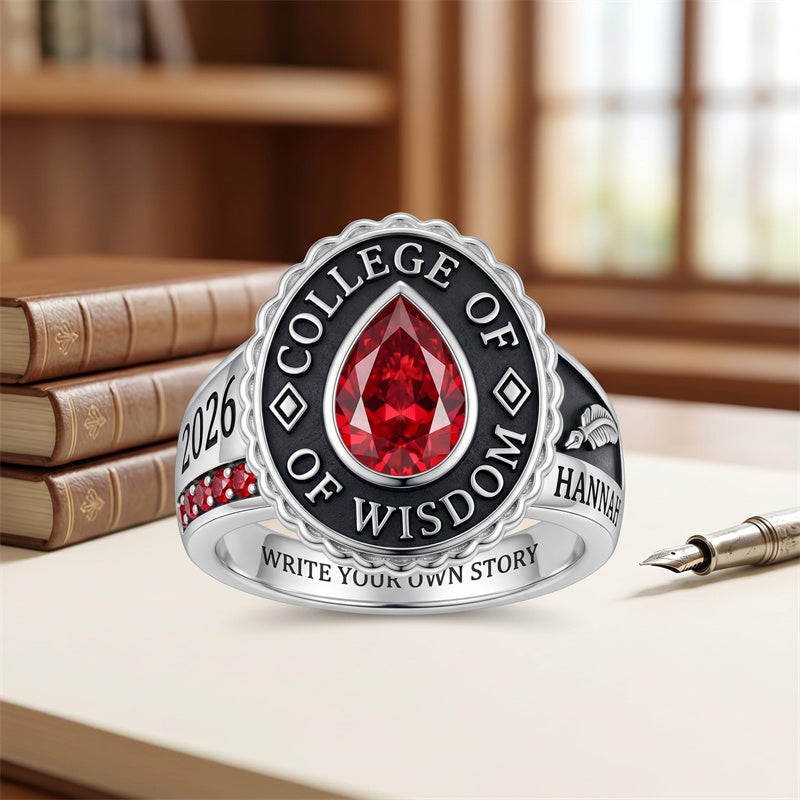 Sterling Silver Pear Birthstone Personalized Name Class Ring for Women