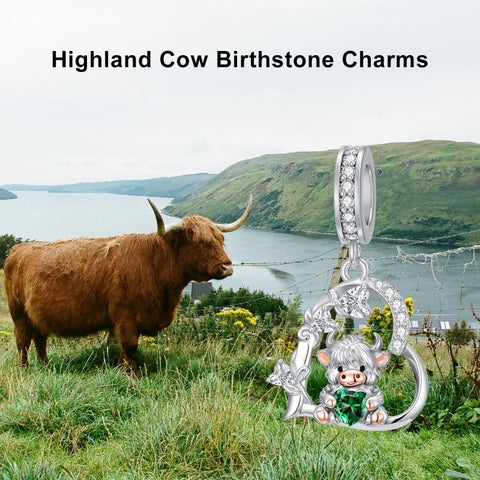 Sterling Silver 12 Month Birthstone Highland Cow Charm Beads