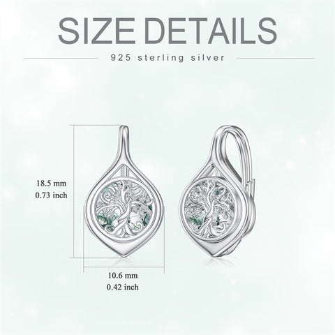 Sterling Silver Moss Agate Tree of Life Leverback Earrings