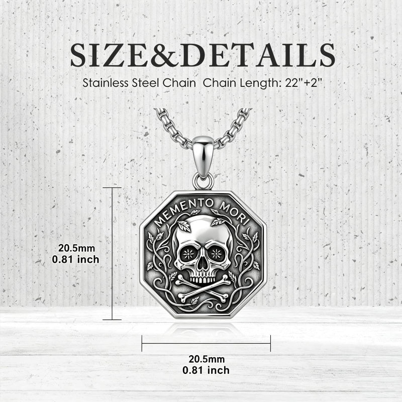 Sterling Silver Memento Mori Gothic Skull Amulet Pendant Necklace for Men