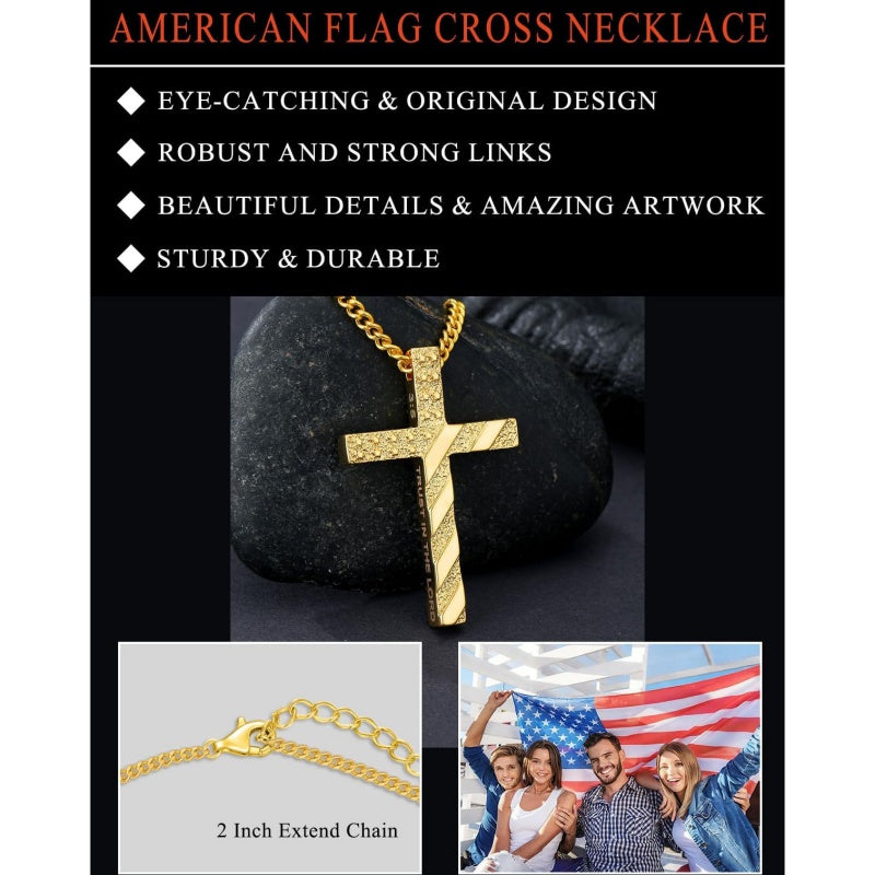 Bible Verse 14K Gold Plated American Flag Cross Necklace for Men