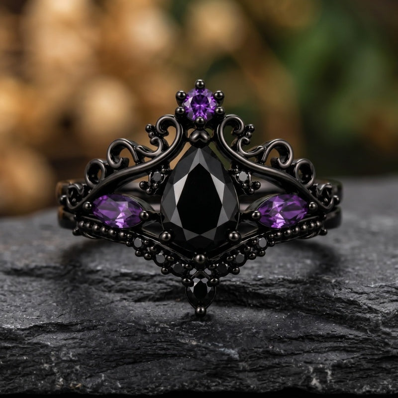 Sterling Silver 10K  14K  18K Gold 1CT-4CT Black Onyx Engagement Ring Gothic Wedding Promise Ring