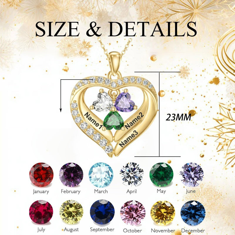 14K Gold Plated Personalized 1-5 Heart Birthstone Names Necklace  for Women
