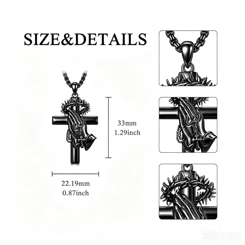 Sterling Silver Praying Hands Angel Sword Wing Cross Pendant Necklace Religious Gifts for Men