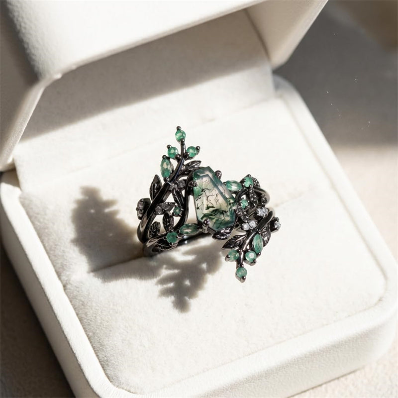 Sterling Silver 10K 14K  18K Gold Personalized Engraved Moss Agate Gothic Promise Wedding Engagement Black Ring Set