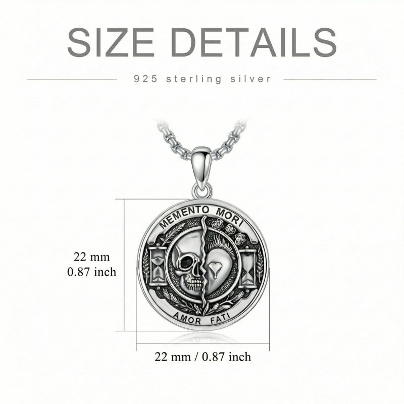 Sterling Silver Memento Mori Gothic Skull Amulet Pendant Necklace for Men