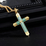 14K Gold Plated Turquoise Malachite Cross Necklace for Men Christianity Cross Jewelry