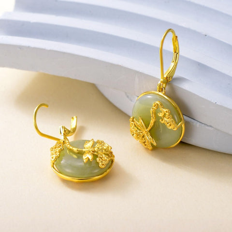 14K Gold Plated Natural Jade  Earrings for Women Good Fortune Jewelry Birthday Mother's Day Gifts