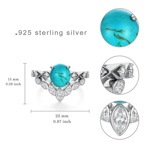 Sterling Silver Genuine Turquoise Engagement Wedding Ring Set for Women