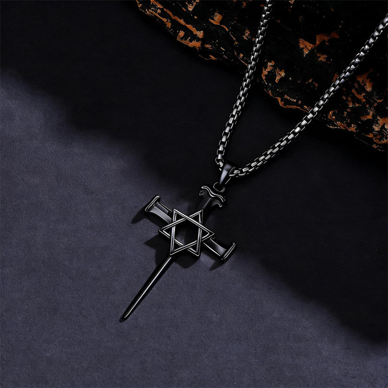 Sterling Silver Star Of David  Cross Pendant Necklace