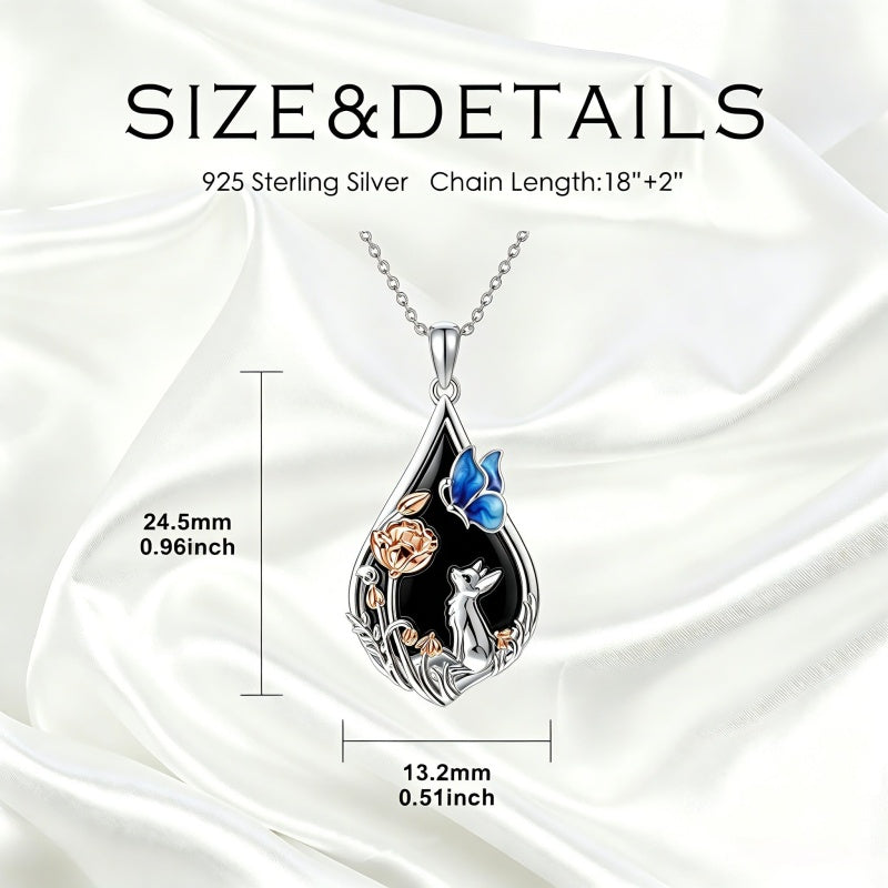 Sterling Silver Obsidian Bunny Cat Elephant Dog Fox Teardrop Pendant Necklace