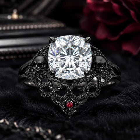 Sterling Silver 10K 14K 18K Gold Moissanite Gothic Black  Engagement Wedding Ring  for Women Halloween Gift