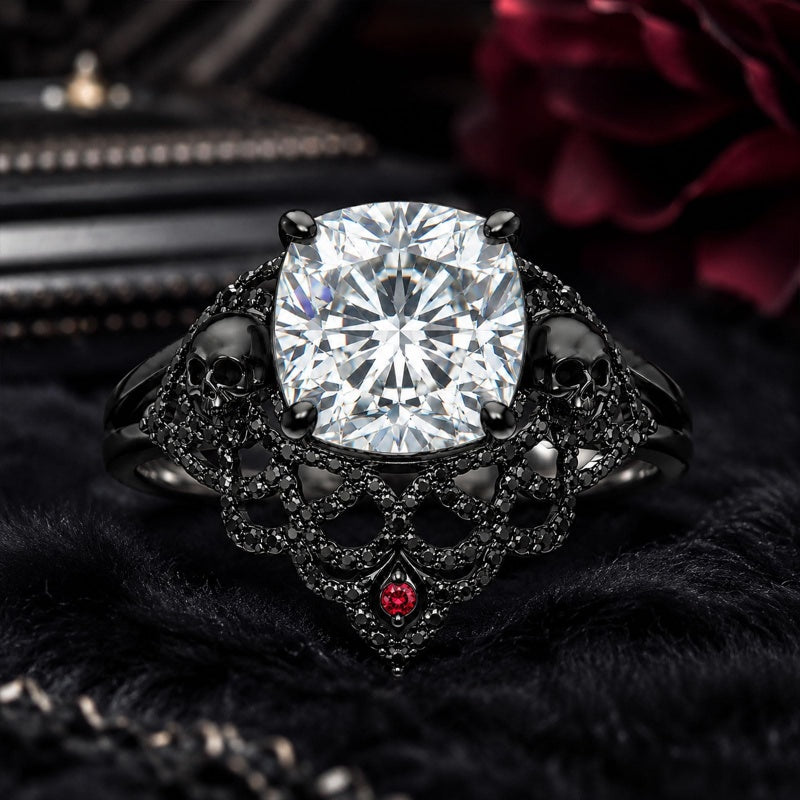 Sterling Silver 10K 14K 18K Gold Moissanite Gothic Black  Engagement Wedding Ring  for Women Halloween Gift