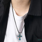 14K Gold Plated Turquoise Malachite Abalone Shell Cross Pendant Necklace for Men