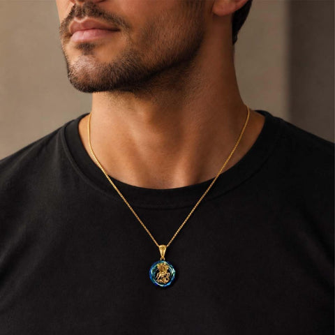 14K Gold Plated Blue Crystal Saint Protection Pendant Necklace Amulet Baptism Gift
