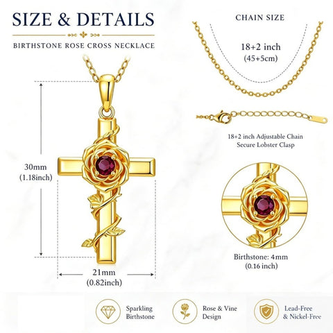 Birthstone Cross 14K Gold Plated Pendant Rose Cross Necklace for Women