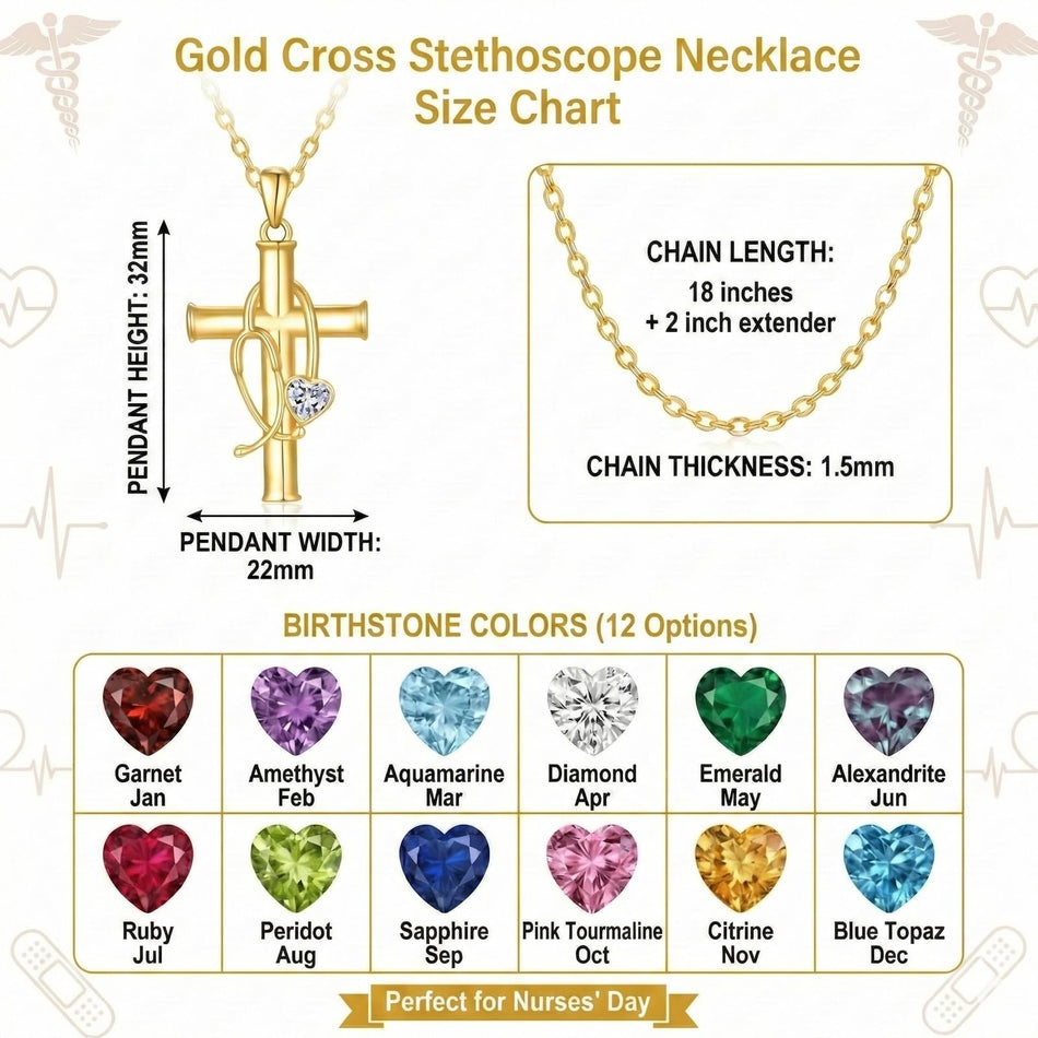 Stethoscope Cross 14K Gold Plated Pendant Necklace for Women Nurse Doctor Birthday Graduation Gift for Medical Student