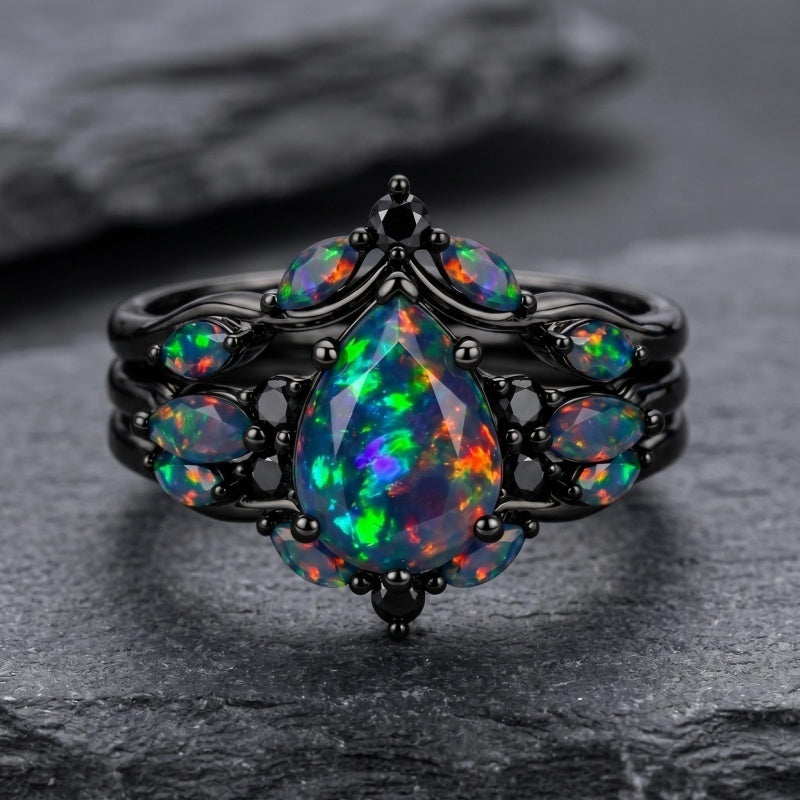 Sterling Silver 10K  14K  18K  Gold Personalized Engraved Black Opal Engagement Wedding Promise Ring for Her