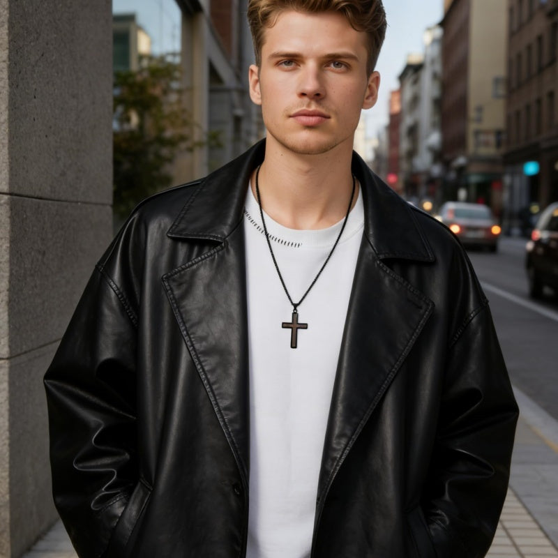 14K Gold Plated Wooden Cross Necklace for Men with Stainless Steel Adjustable Chain